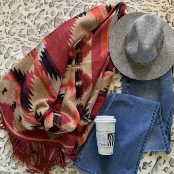 New Western Aztec Native Wrap Blanket Cardigan Sweater Ruana Women's Boho Vtg - Picture 3 of 11